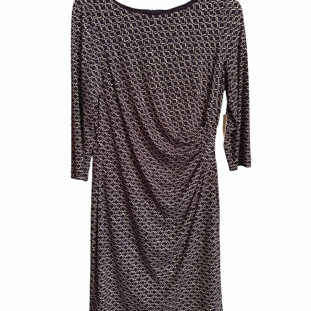 Eliza J Navy/White Geometric Design-Sheath Dress-Size 12-Rusched-Zipper back NWT